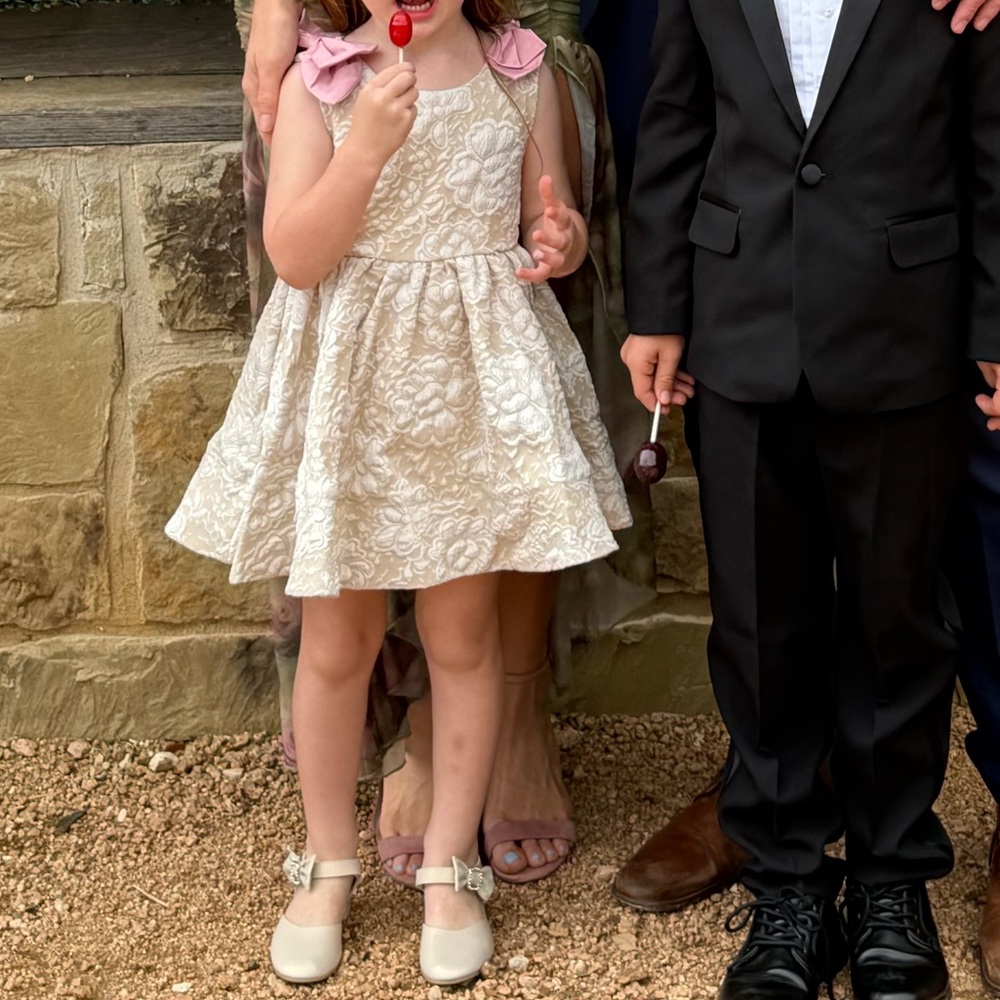 Girls Cream Floral wedding Dress with Pink Bow Accents